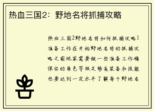 热血三国2：野地名将抓捕攻略