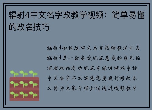 辐射4中文名字改教学视频：简单易懂的改名技巧